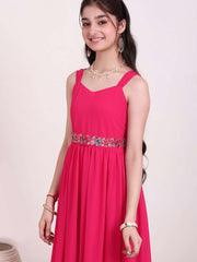 Girls Shoulder Straps Tiered Fit and Flare Ethnic Dress With Embellished Belt