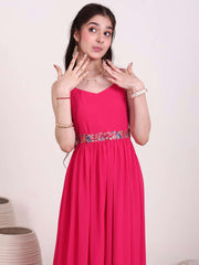 Girls Shoulder Straps Tiered Fit and Flare Ethnic Dress With Embellished Belt