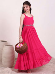 Girls Shoulder Straps Tiered Fit and Flare Ethnic Dress With Embellished Belt