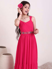 Girls Shoulder Straps Tiered Fit and Flare Ethnic Dress With Embellished Belt