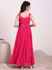 Girls Shoulder Straps Tiered Fit and Flare Ethnic Dress With Embellished Belt