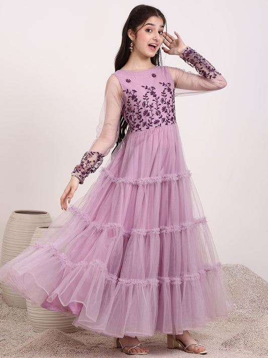 Girls Floral Thread & Sequin Embroidered Ruffle A-Line Ethnic Dress
