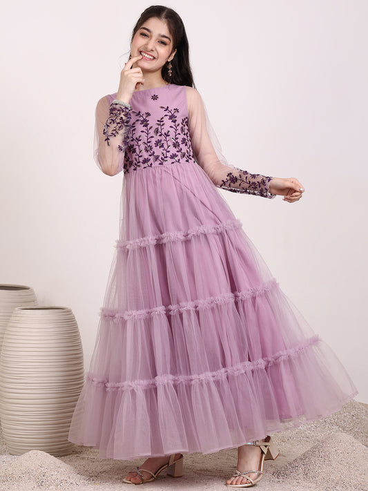 Girls Floral Thread & Sequin Embroidered Ruffle A-Line Ethnic Dress