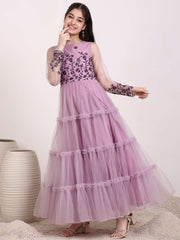 Girls Floral Thread & Sequin Embroidered Ruffle A-Line Ethnic Dress