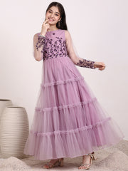 Girls Floral Thread & Sequin Embroidered Ruffle A-Line Ethnic Dress