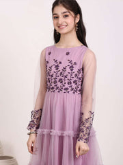 Girls Floral Thread & Sequin Embroidered Ruffle A-Line Ethnic Dress