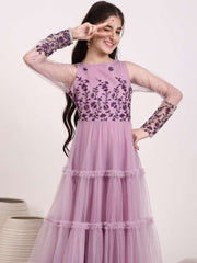 Girls Floral Thread & Sequin Embroidered Ruffle A-Line Ethnic Dress
