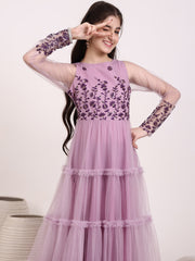Girls Floral Thread & Sequin Embroidered Ruffle A-Line Ethnic Dress