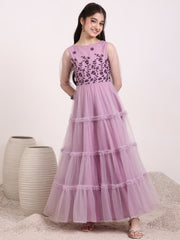 Girls Floral Thread & Sequin Embroidered Ruffle A-Line Ethnic Dress