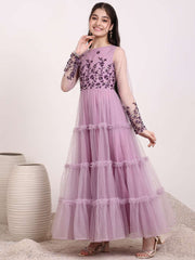 Girls Floral Thread & Sequin Embroidered Ruffle A-Line Ethnic Dress