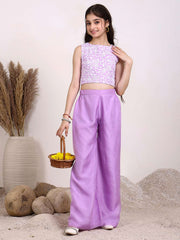 Girls Floral Embroidered Sleeveless Organza Top & Palazzo