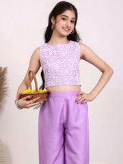 Girls Floral Embroidered Sleeveless Organza Top & Palazzo