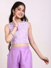 Girls Floral Embroidered Sleeveless Organza Top & Palazzo