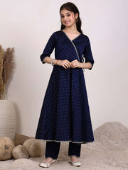 Girls Ethnic Motifs Embroidered Angrakha Kurta With Trousers