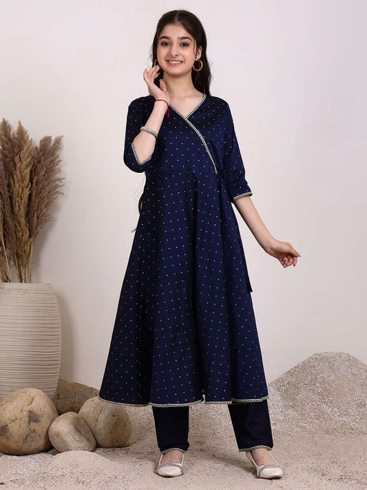 Girls Ethnic Motifs Embroidered Angrakha Kurta with Trousers