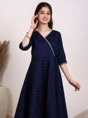 Girls Ethnic Motifs Embroidered Angrakha Kurta with Trousers