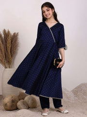 Girls Ethnic Motifs Embroidered Angrakha Kurta With Trousers