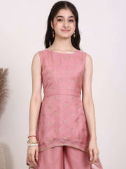 Girls Floral Embroidered Sequinned Georgette A-Line Kurti With Sharara