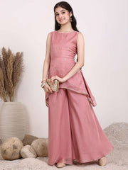 Girls Floral Embroidered Sequinned Georgette A-Line Kurti With Sharara