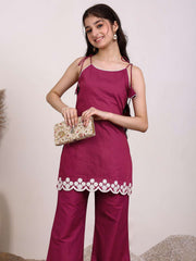 Girls Floral Embroidered Regular Thread Work Kurta with Palazzos