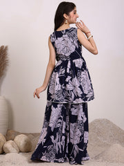 Girls Floral Printed Georgette Pleated V-Neck A-Line Kurta With Palazzos