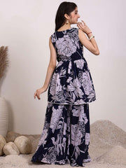 Girls Floral Printed Georgette Pleated V-Neck A-Line Kurta With Palazzos