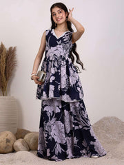 Girls Floral Printed Georgette Pleated V-Neck A-Line Kurta With Palazzos