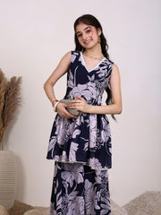 Girls Floral Printed Georgette Pleated V-Neck A-Line Kurta With Palazzos