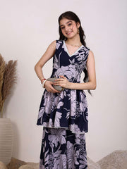 Girls Floral Printed Georgette Pleated V-Neck A-Line Kurta With Palazzos