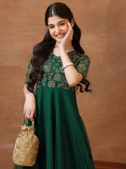 Girls Embroidered V-Neck A-Line Ethnic Dresses