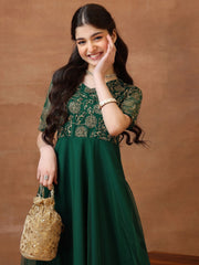 Girls Embroidered V-Neck A-Line Ethnic Dresses