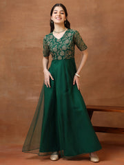 Girls Embroidered V-Neck A-Line Ethnic Dresses