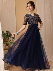 Girls Floral Embroidered V-Neck A-line Ethnic Dress