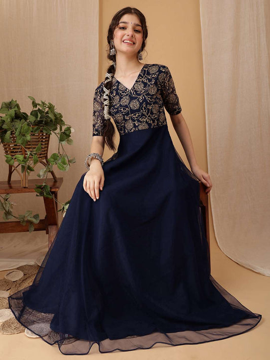 Girls Floral Embroidered V-Neck A-line Ethnic Dress