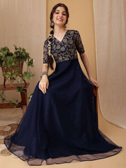 Girls Floral Embroidered V-Neck A-line Ethnic Dress