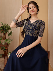 Girls Floral Embroidered V-Neck A-line Ethnic Dress