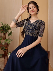 Girls Floral Embroidered V-Neck A-line Ethnic Dress