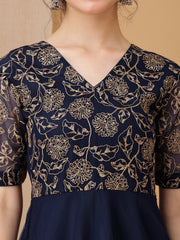 Girls Floral Embroidered V-Neck A-line Ethnic Dress