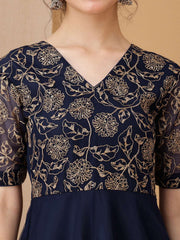 Girls Floral Embroidered V-Neck A-line Ethnic Dress