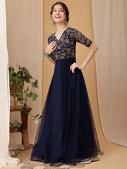 Girls Floral Embroidered V-Neck A-line Ethnic Dress