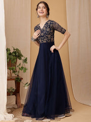 Girls Floral Embroidered V-Neck A-line Ethnic Dress