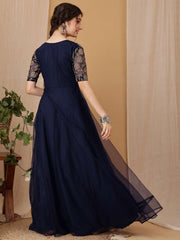 Girls Floral Embroidered V-Neck A-line Ethnic Dress