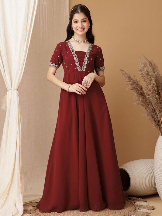 Girls Floral Embroidered Sequinned Pleated A-Line Maxi Georgette Ethnic Dress