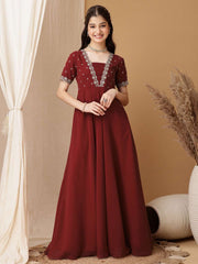 Girls Floral Embroidered Sequinned Pleated A-Line Maxi Georgette Ethnic Dress