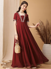 Girls Floral Embroidered Sequinned Pleated A-Line Maxi Georgette Ethnic Dress