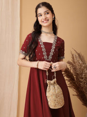 Girls Floral Embroidered Sequinned Pleated A-Line Maxi Georgette Ethnic Dress