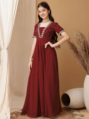 Girls Floral Embroidered Sequinned Pleated A-Line Maxi Georgette Ethnic Dress