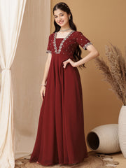 Girls Floral Embroidered Sequinned Pleated A-Line Maxi Georgette Ethnic Dress