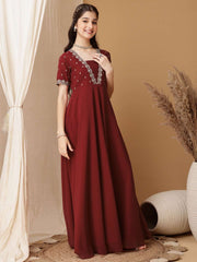 Girls Floral Embroidered Sequinned Pleated A-Line Maxi Georgette Ethnic Dress
