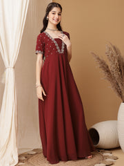 Girls Floral Embroidered Sequinned Pleated A-Line Maxi Georgette Ethnic Dress